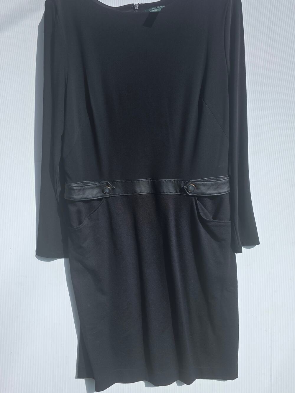 Lauren Ralph Lauren Black Faux Leather Trim Long Sleeve Dress 16 Career Chic